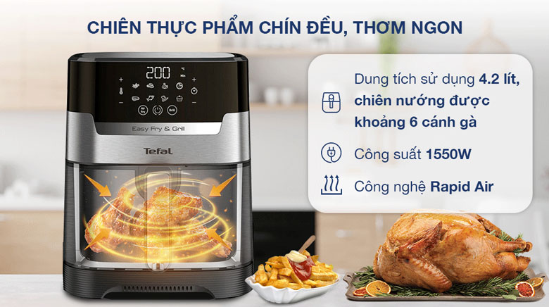 Nồi chiên không dầu Tefal 4.2 lít EY505D15 - Chiên nướng nhanh chóng, tiết kiệm