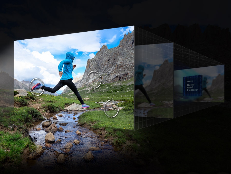 Bộ xử lý Samsung AI NQ4 thế hệ 2 đang hoạt động, được đặt phía sau nhiều lớp màn hình. Khi bộ xử lý bật nguồn, hiệu ứng sẽ lan truyền khắp các màn hình xếp lớp để tối ưu hóa hình ảnh phía trước. Các chi tiết về sườn núi, tảng đá trong một con lạch và đôi giày của người chạy bộ trong một cảnh đều được nâng cấp lên mức rõ ràng tuyệt vời.